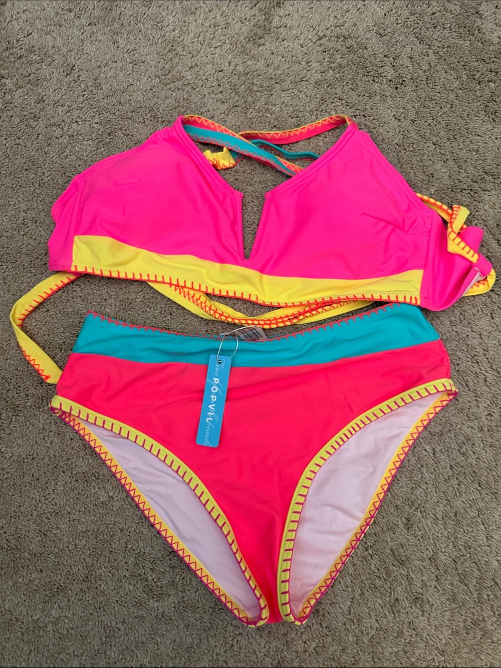 NWT Popvil Colorblocked High-Waist Bikini Set in Hot Pink & Teal - Picture 3 of 4